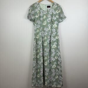 Vintage Green Floral Short Sleeve Midi Dress Sz 8 Cottagecore Homestead Prairie